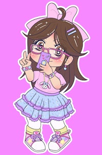 a girl with glasses and a pink skirt is holding a cell phone